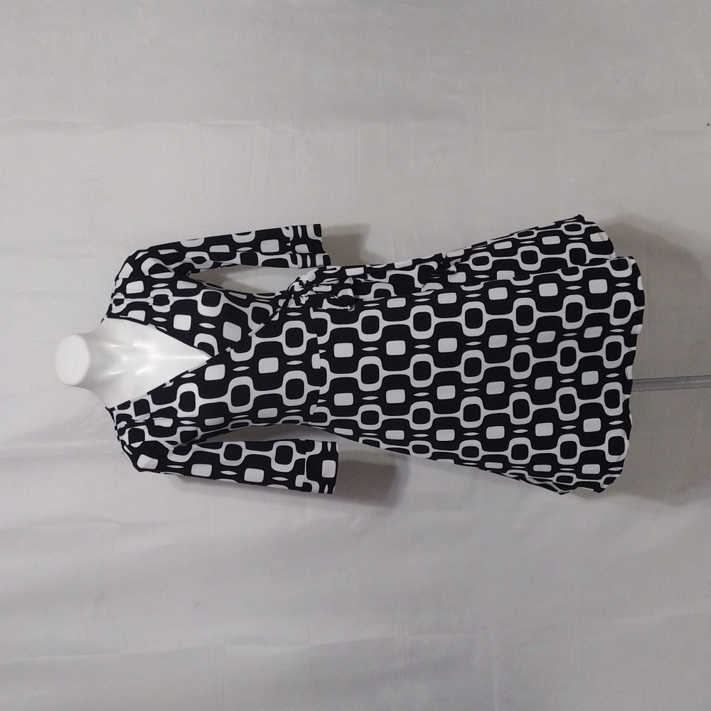 Bisou Bisou Black & White Geometric Print Retro Wrap Dress Sz 4 Chic Office Wear